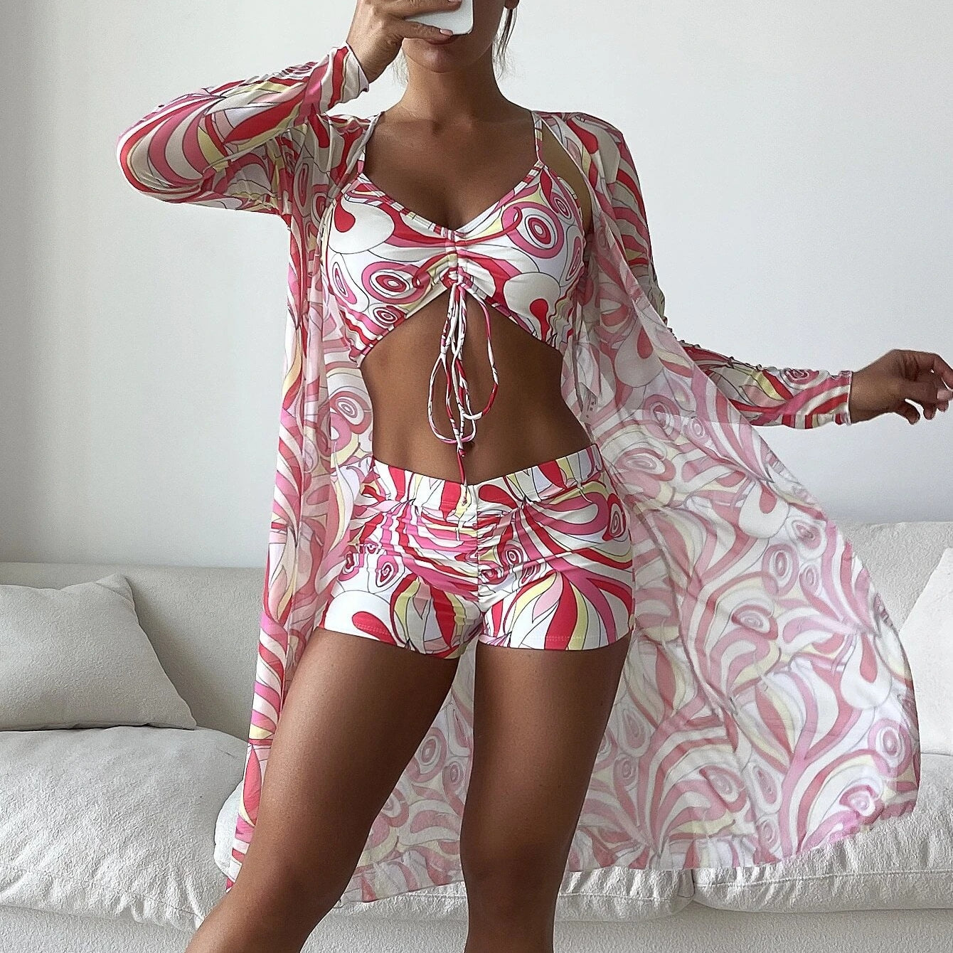 Conjunto de tres piezas de traje de baño de poliéster dividido al por mayor